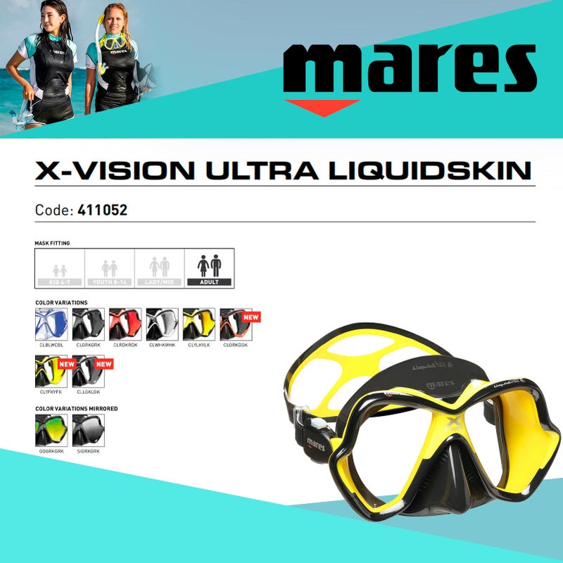 Mares ماسك الغوص ماريز للبالغين غير محدد الجنس X-Vision Ultra Liquidskin المريح ذو نافذتين مع قطعة وجه سيليكون، أصفر/أسود - Image 2